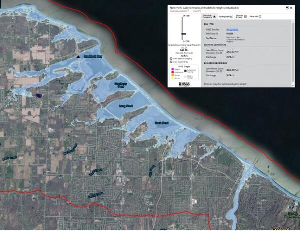 A screenshot of a USGS flood maping tool that shows a portion of the Lake Ontario shoreline in New York.