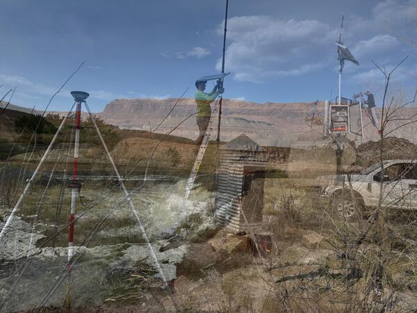 Falls on the San Juan River in background at new gage site with two other new gages overlayed in foreground.