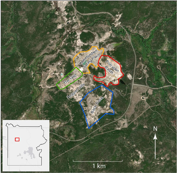 Map of Norris Geyser Basin showing four subbasins within the overall thermal area