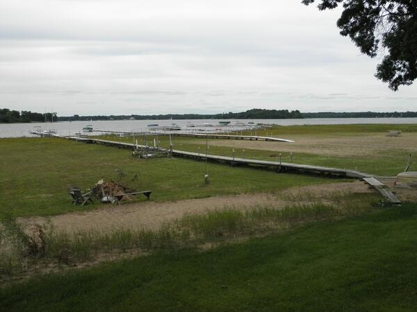 Photo showing low water levels and dock extensions on White Bear Lake, Minnesota.