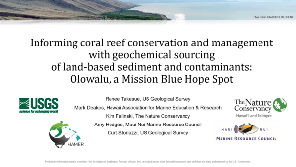 Title card for presentation on geochemical sourcing of land-based contaminants at Olowalu