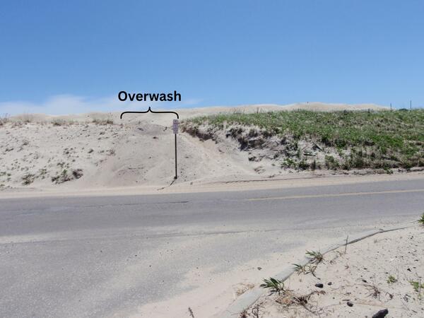 Sand that has washed over a dune onto the back side of a dune after a storm