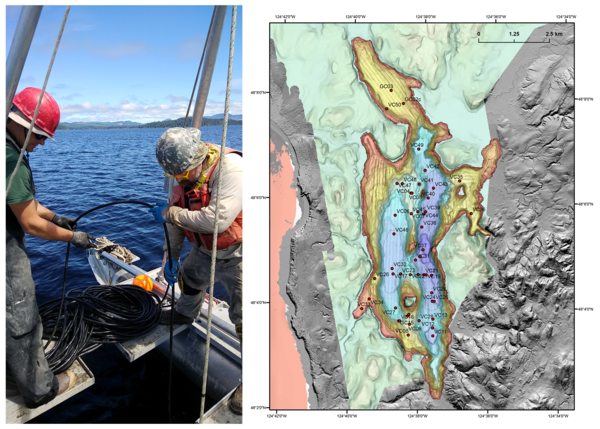 Photo of 2019 Ozette Lake fieldwork and bathymetric map showing core locations