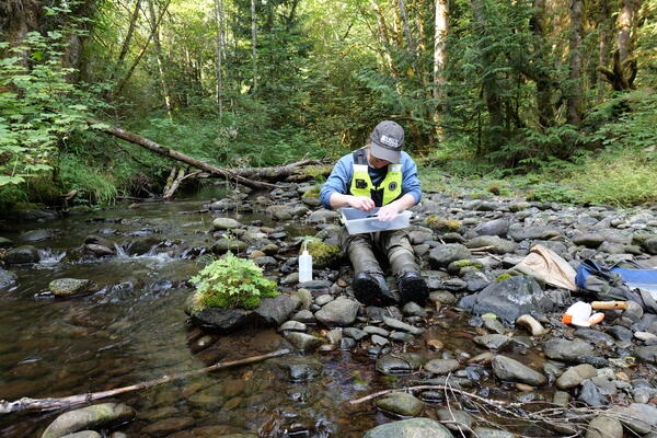 Scientist sits next to stream with sample container