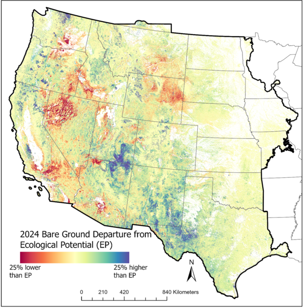 Map of the western United States with state outlines and a variety of colors, with a legend