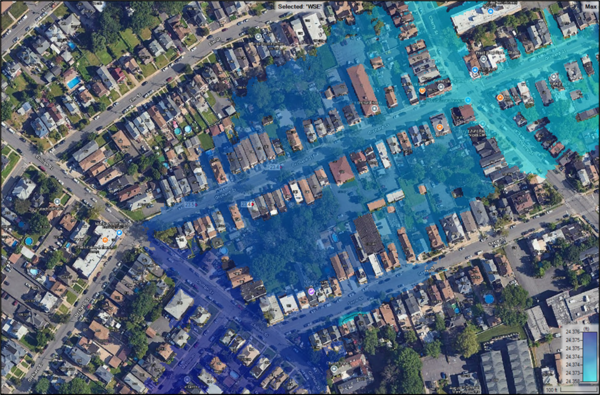 Aerial view of a section of the City of Elizabeth with potential flooding overlayed.