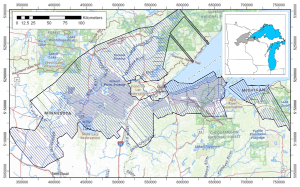 A map showing the aerial survey in Michigan, Wisconsin and Minnesota. 