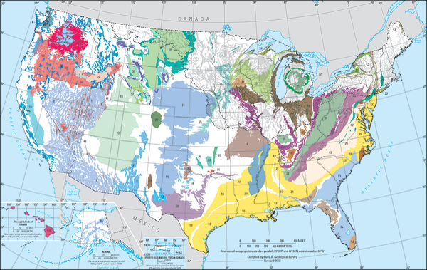 Map of the U.S. with principal aquifer polygons mapped in different colors.