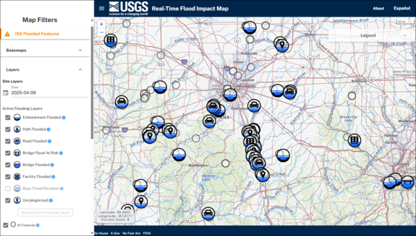 Screenshot of RT-FI Mapper showing numerous active flood impact locations including buildings, roads, and bridges