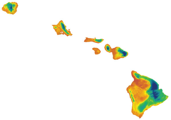 Islands of Hawaii overlaid with colors representing rainfall. Dark blue & green is more rain, yellow and orange less rain