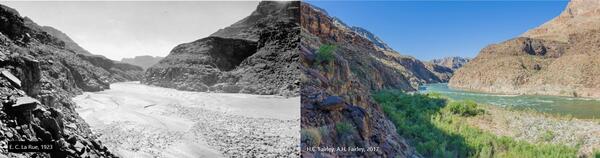 Two side-by-side repeat photographs, from 1923, the other from 2017 showing environmental changes at Colorado River mile 130