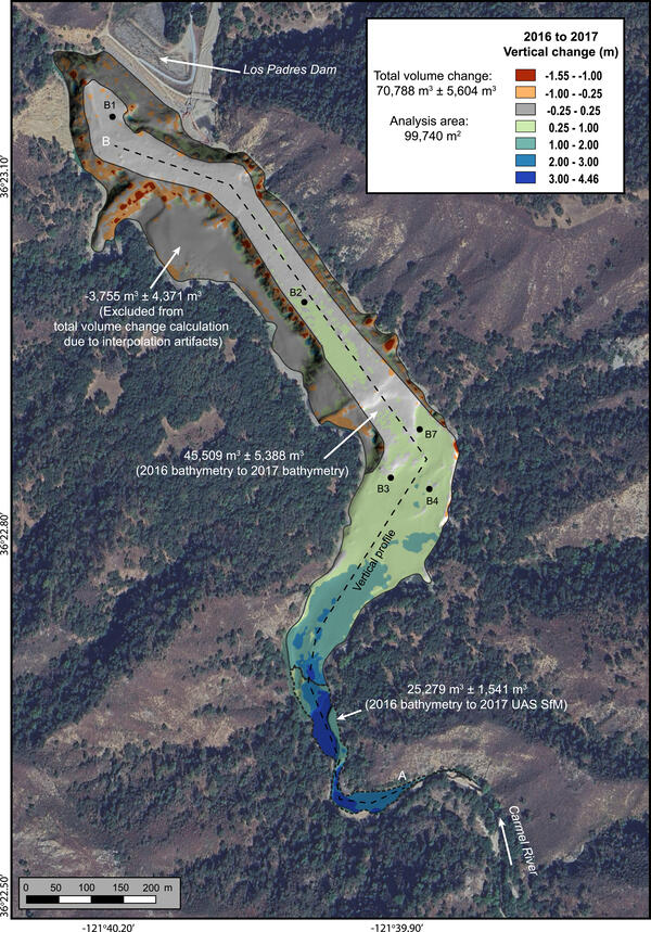 Map showing results of geomorphic change detection analysis of sediment volume differences between 2016 and 2017, Upper Carmel River