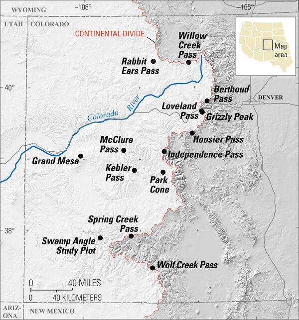 Map of western Colorado showing sample sites used in black particles in snow study