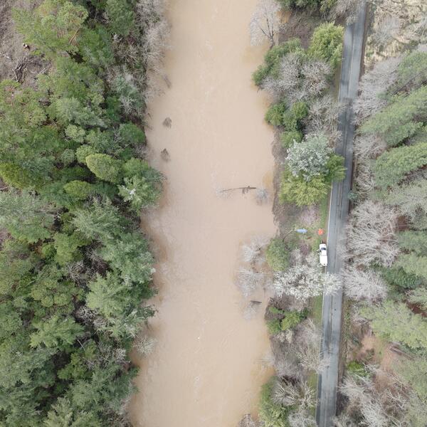birds eye view of a river with brown water flowing through tree lined banks