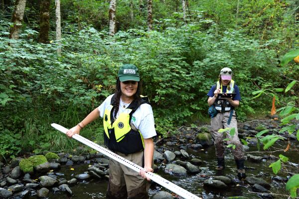Scientists hold survey equipment in forested stream