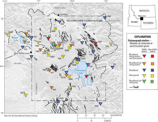Map of Yellowstone with colored triangles and boxes showing locations, types, and operators for seismic stations