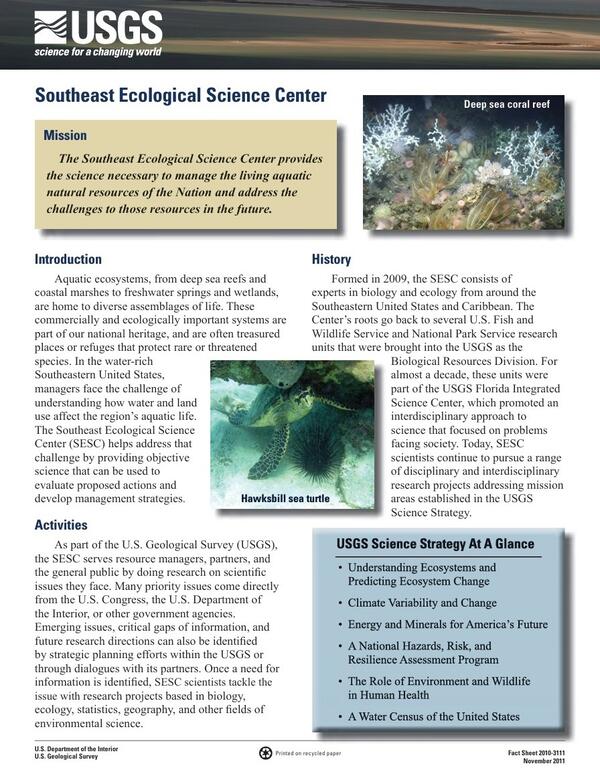 Cover photo of the 2011 Southeast Ecological Science Center brochure. The page includes images and text related to the Center's science