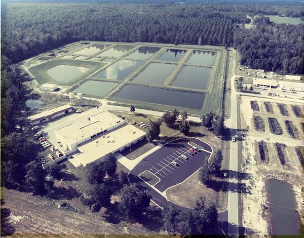 The National Fishery Research Laboratory in Gainesville, Florida is shown in an aerial photo from 1989. The building and research ponds are visible along with the surrounding forested landscape