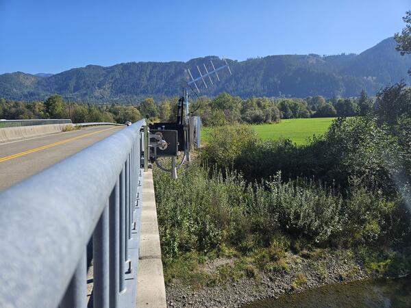 Radar equipment mounted to the side of a road bridge