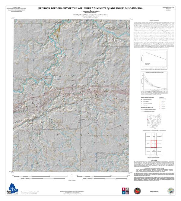 A topographic map showing bedrock topography depicted in red lines through a grey background.
