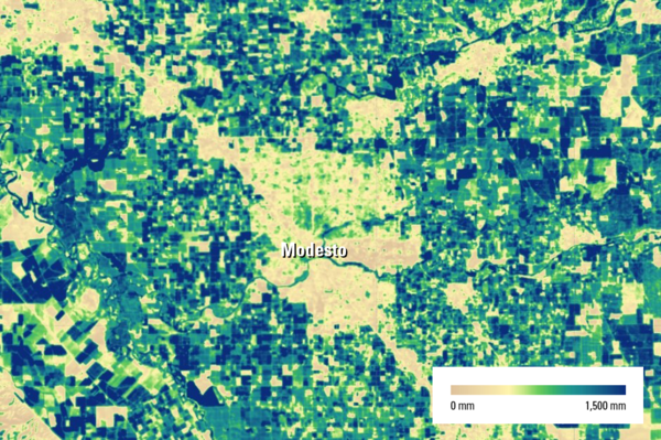 A map image with hues of yellows, greens and blues