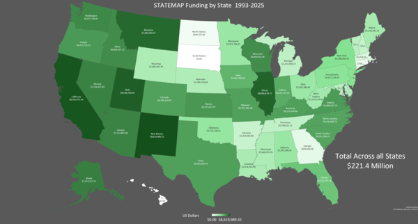 Map showing all 50 US States in varying shades of green depicting darker shades as increased funding amounts. 