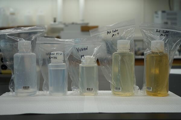 Five plastic sample bottles, with water color ranging from clear to yellow