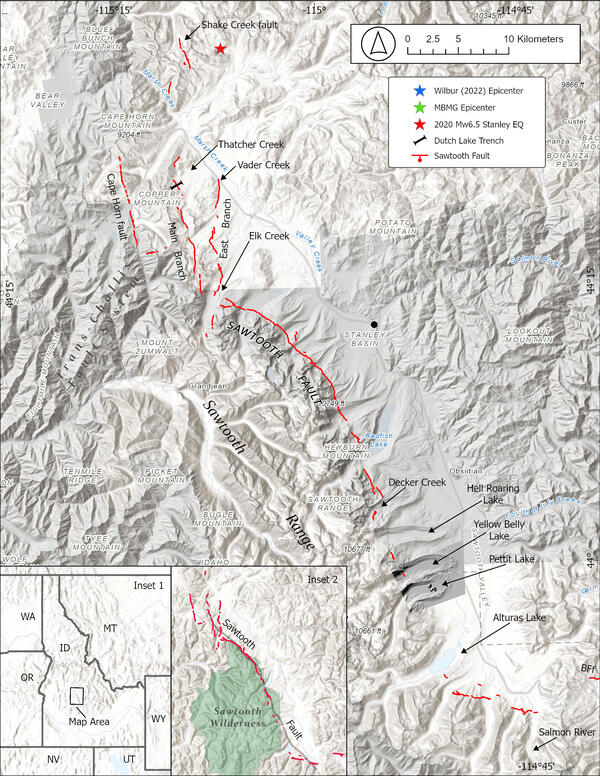 SHaded relief map of central Idaho showing fault strands associated with the Sawtooth Fault