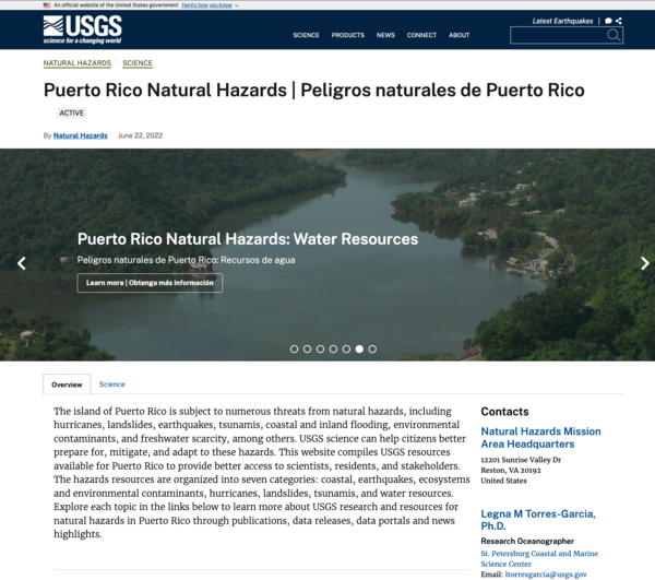 A screen shot of the Puerto Rico Natural Hazards webpages. 