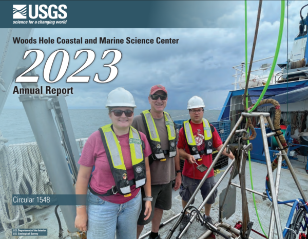 Cover of 2023 annual report showing three people on the deck of a ship