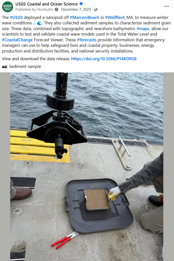 Facebook social media post with text and image showing sediment sample