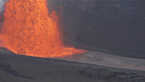 Color photograph of lava fountain base and lava channel
