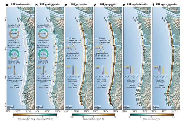 Chart showing seasonal teleconnections between ENSO and shoreline positions, waves, and water levels throughout the PNW