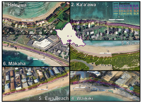 Diagram showing six example sites around Oahu under different SLR scenarios