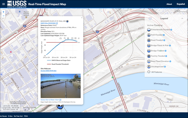 RT-FI Map flood impact location pop-up showing the hydrograph and webcam of a flooded road along the Mississippi River