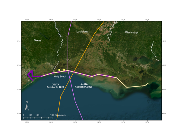 Map of the Texas and Louisiana coast showing the tracks of Hurricanes Laura and Delta in 2020 along with the extent of hurricane warnings for each storm.