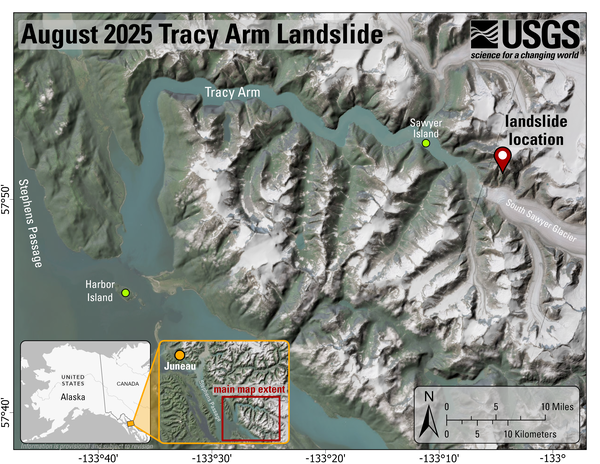 Map showing the location of the tsunamigenic landslide in Tracy Arm southeast of Sawyer Island. 