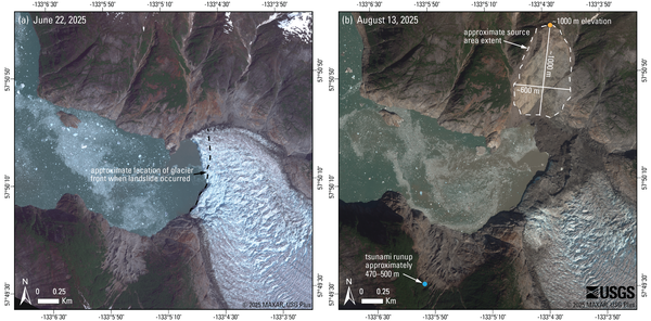 Before and after satellite imagery of the Tracy Arm landslide showing the toe of the South Sawyer Glacier missing after.