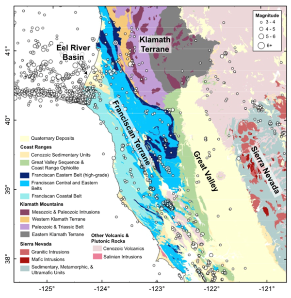  Map view of general geology of western California and southern Oregon showing earthquake magnitude and epicenter location