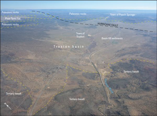 Aerial photograph showing boundaries and geologic features of the Truxton Basin in northwestern Arizona