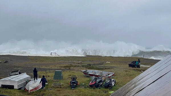 Residents in Nome, Alaska watch storm waves from Typhoon Merbok
