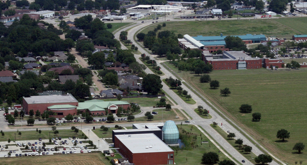 an aerial image shows the University of Louisiana at Lafayette research park in Lafayette, Louisiana which includes the Wetland and Aquatic Research Center