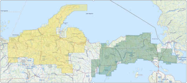 Map of the Upper Peninsula of Michigan and nearby areas of Northern Wisconsin, with areas of overflights shaded in yellow (Wisconsin) and green (Michigan).