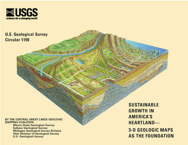 Yellow background with block diagram showing present-day surface and subsurface conditions/land use with text reading title and other information. 