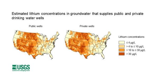 A map showing estimated lithium concentrations in groundwater that supplies public and private drinking water wells across the nation. The estimates are from a study led by the USGS.