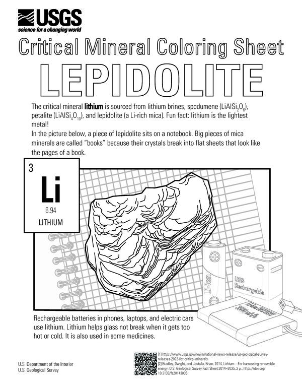 Coloring sheet for the mineral lepidolite and the use of lithium in rechargeable batteries.