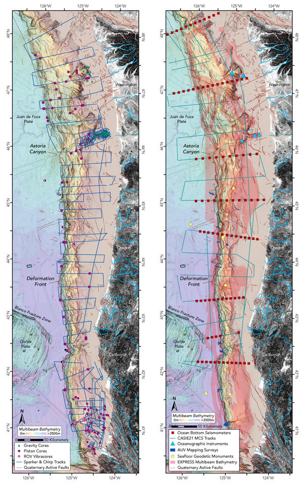 Map showing where data have been collected along the Cascadia Subduction Zone