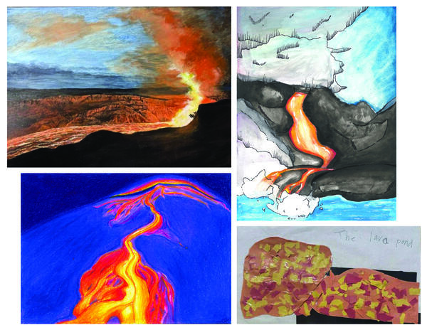 Color photograph of art depicting volcanoes