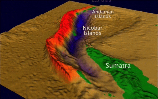 3-D animation shows how an earthquake rupture under the ocean travels along the fault. looking at ocean floor with no water.