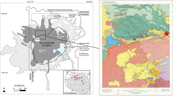 Map showing zoom of geology in area of Madison Junction, Yellowstone NP, with red star indicating outcrop location